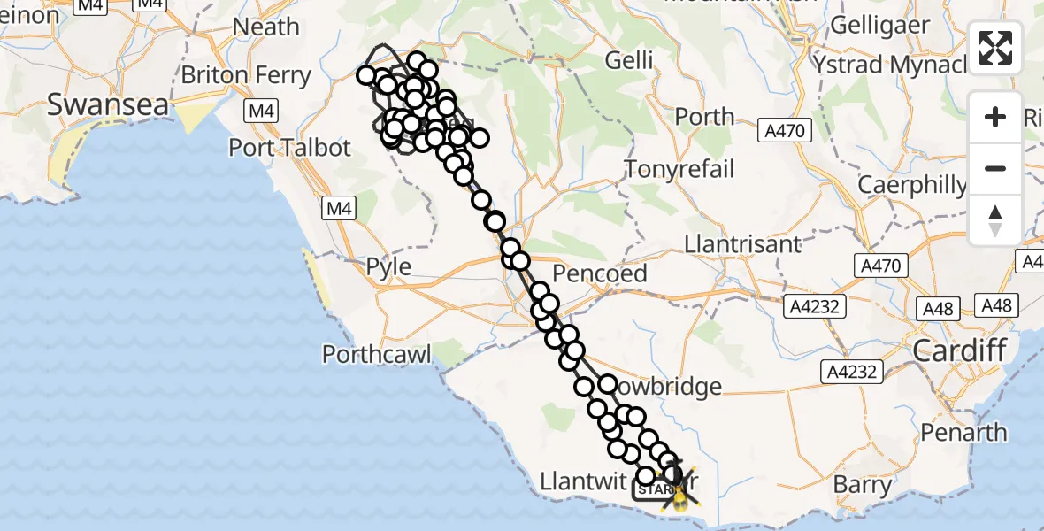 Flight path map showing Police Helicopter route from MOD St Athan to MOD St Athan