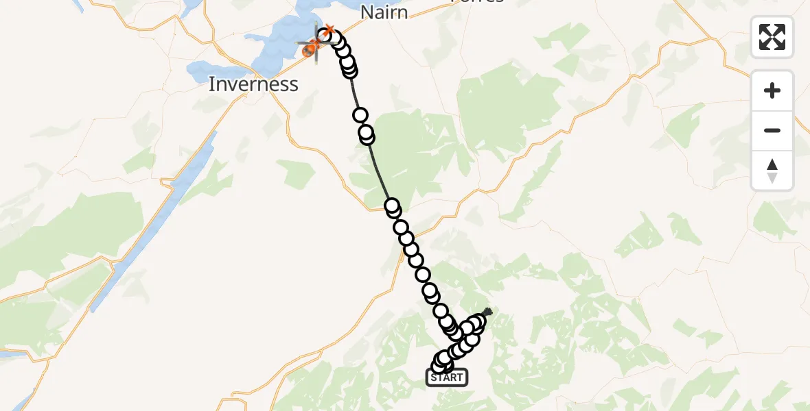 Flight path map showing Coastguard Helicopter route from Coire an t-Saighdeir to Inverness Airport
