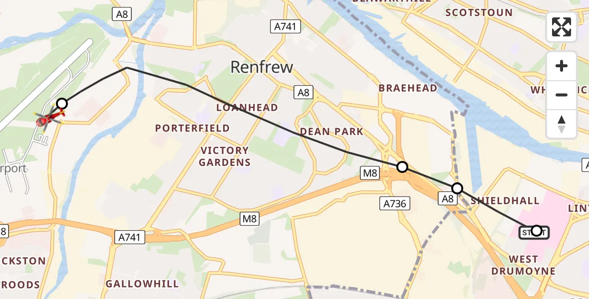 Flight path map showing Air Ambulance Helicopter route from Queen Elizabeth Hospital to Glasgow Airport