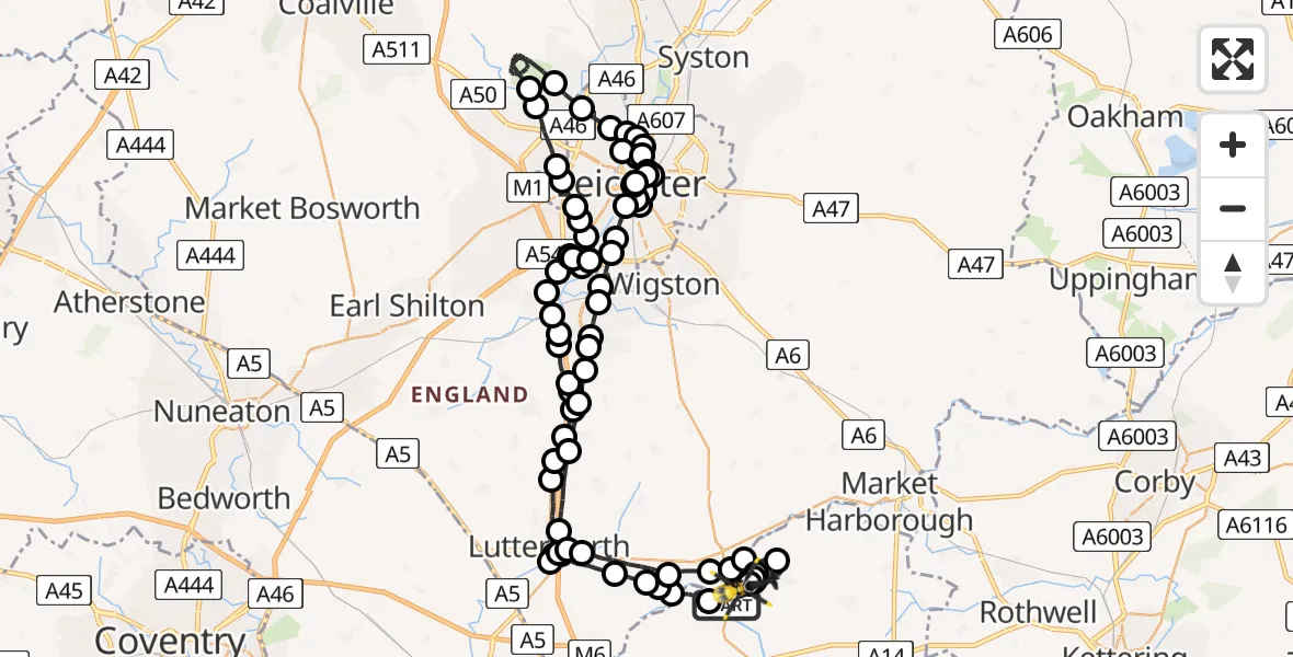 Flight path map showing Police Helicopter route from Husbands Bosworth to Harborough
