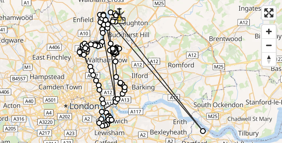 Flight path map showing Police Helicopter route from Metropolitan Police Air Support Unit Lippitts Hill to Sewardstonebury