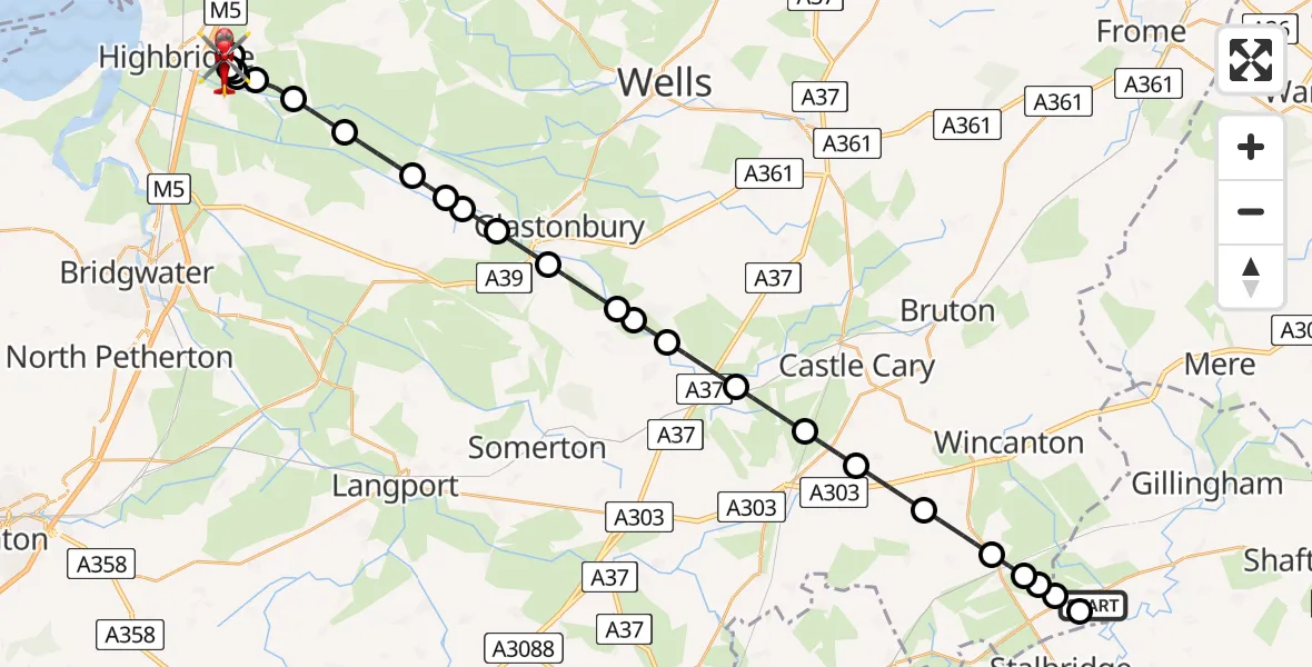Flight path map showing Air Ambulance Helicopter route from Henstridge Airfield to East Huntspill