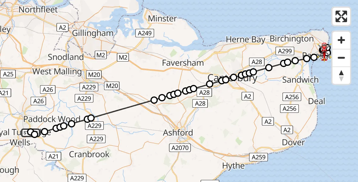 Flight path map showing Air Ambulance Helicopter route from Tunbridge Wells Hospital Heliport to Ramsgate