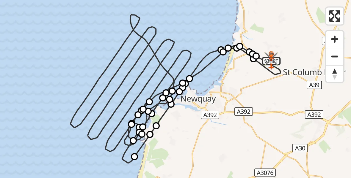 Flight path map showing Coastguard Helicopter route from Cornwall Airport Newquay to Cornwall Airport Newquay