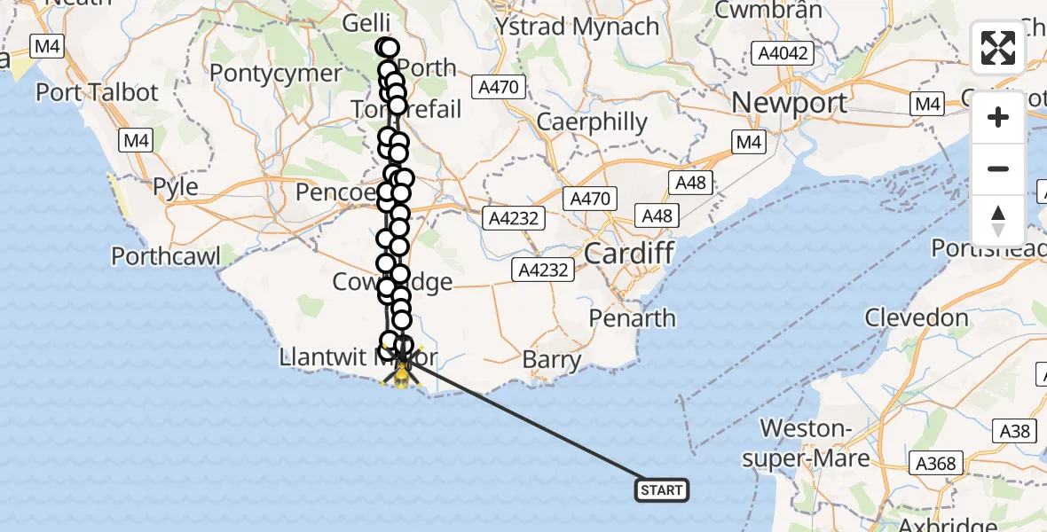 Flight path map showing Police Helicopter route from Bristol Channel to MOD St Athan