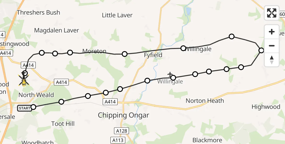 Flight path map showing Police Helicopter route from North Weald Airfield to North Weald Airfield