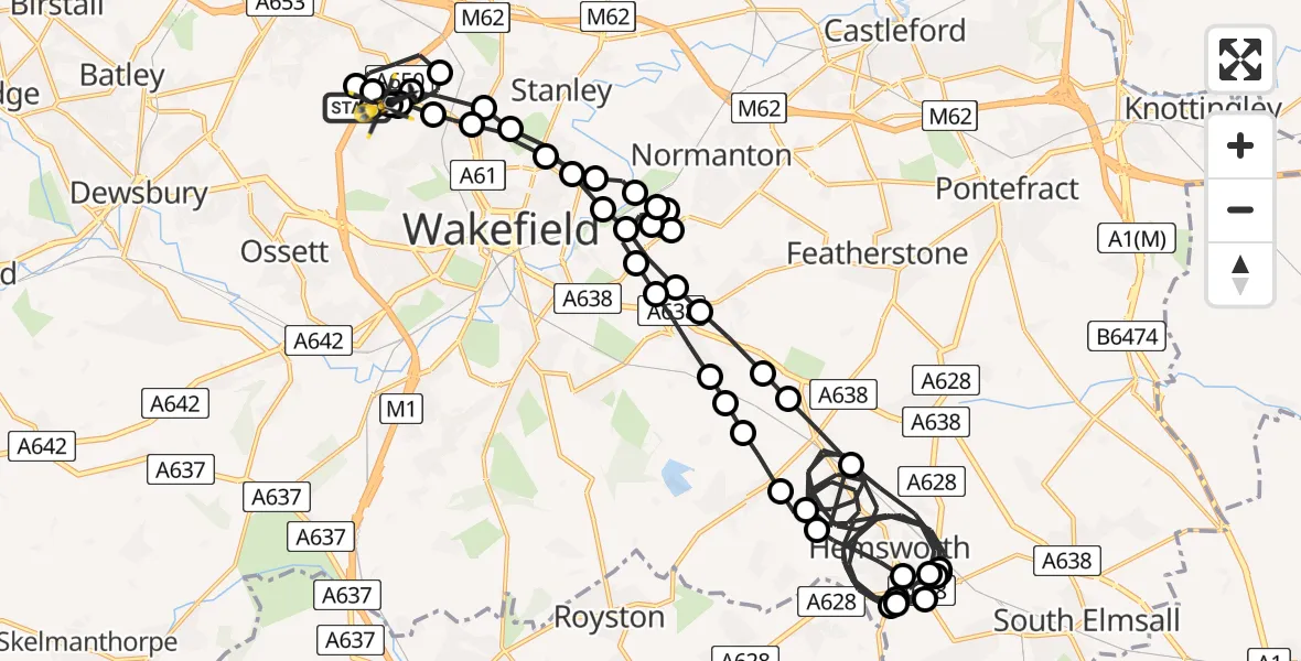 Flight path map showing Police Helicopter route from East Ardsley to East Ardsley