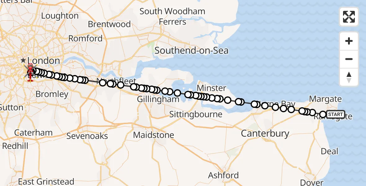 Flight path map showing Air Ambulance Helicopter route from Ramsgate to Kings College London Hospital