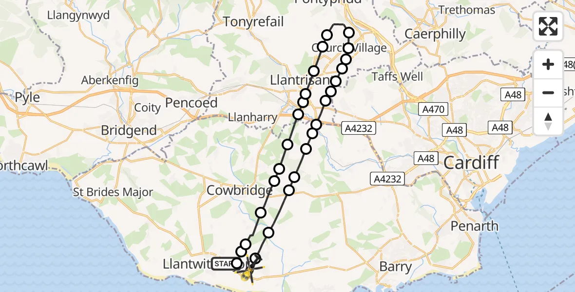 Flight path map showing Police Helicopter route from Boverton to MOD St Athan