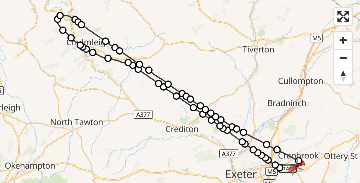 Flight path map showing Air Ambulance Helicopter route from Exeter International Airport to Exeter International Airport