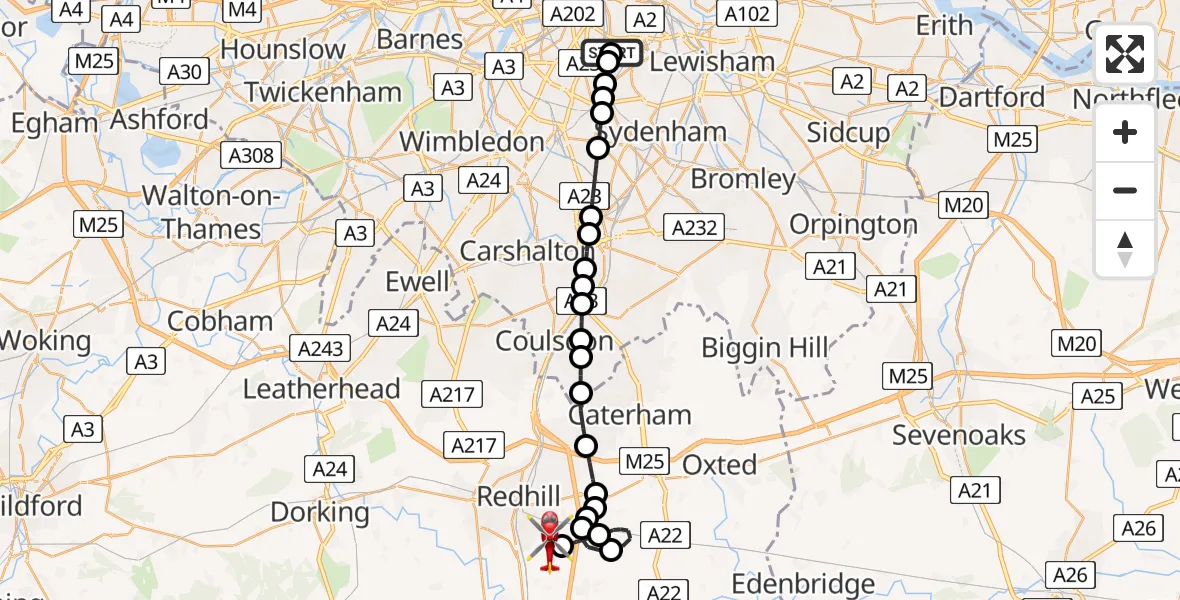 Flight path map showing Air Ambulance Helicopter route from Kings College London Hospital to Redhill Aerodrome