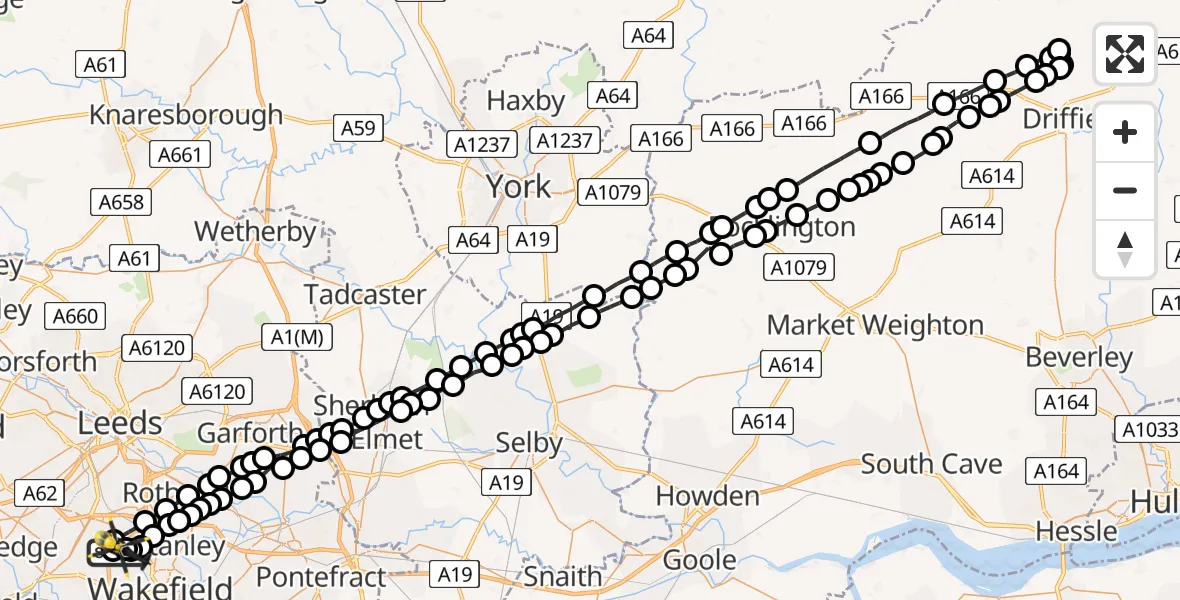 Flight path map showing Police Helicopter route from East Ardsley to Wrenthorpe