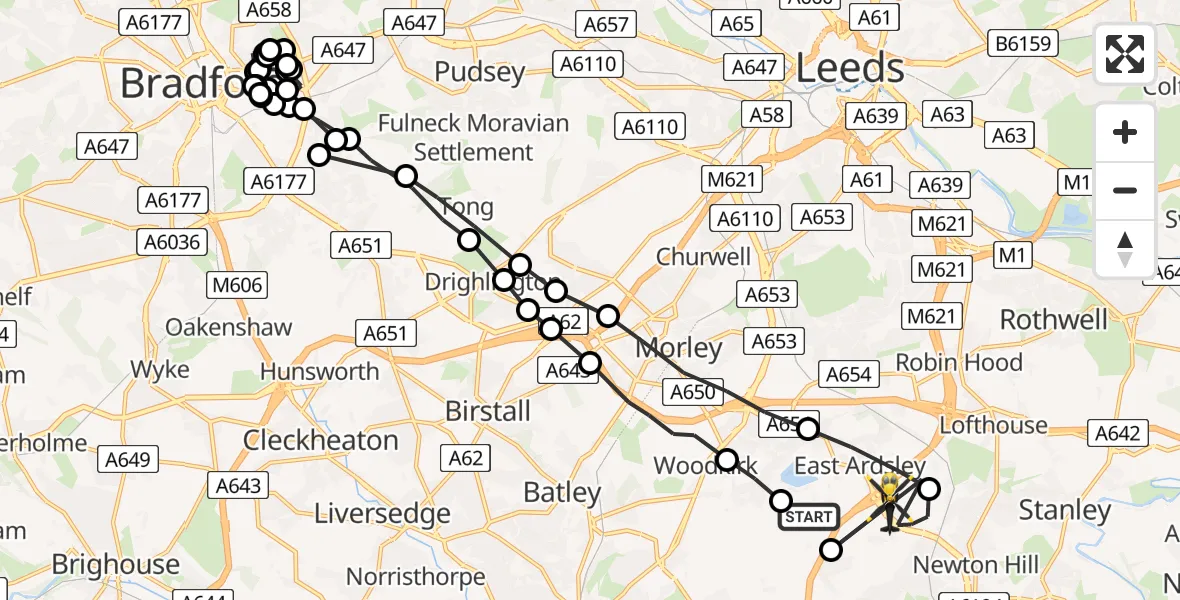 Flight path map showing Police Helicopter route from East Ardsley to Lawns