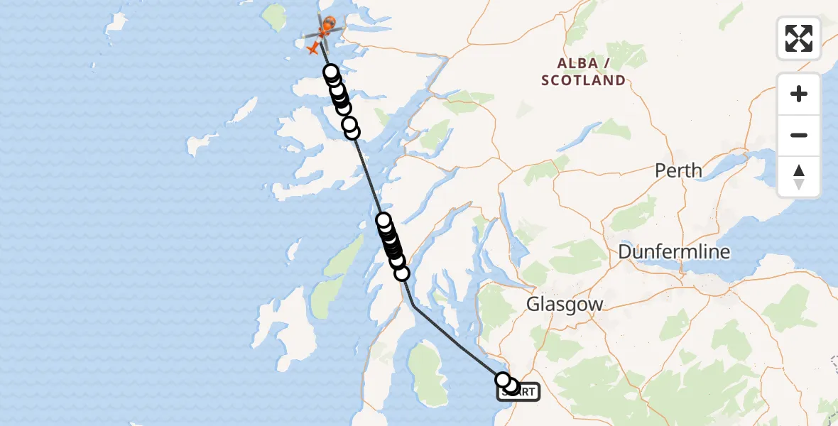 Flight path map showing Coastguard Helicopter route from Glasgow Prestwick Airport to Inner Seas