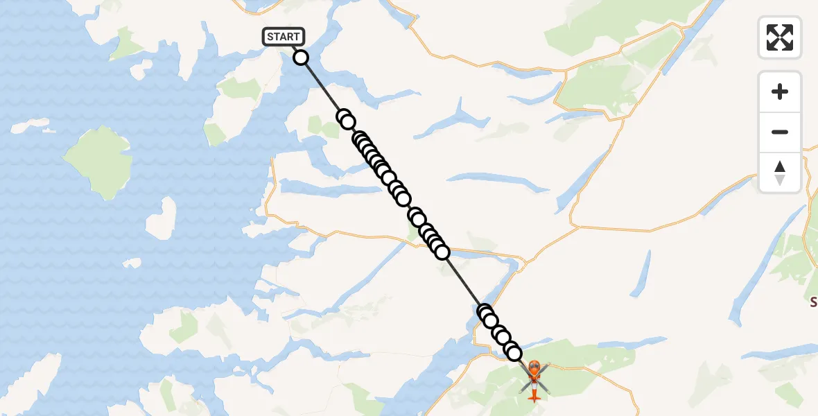 Flight path map showing Coastguard Helicopter route from Sleat - Slèite to Fionn Ghleann