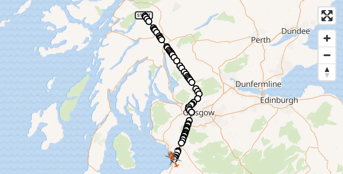 Flight path map showing Coastguard Helicopter route from Coire Dubh-mor to Glasgow Prestwick Airport