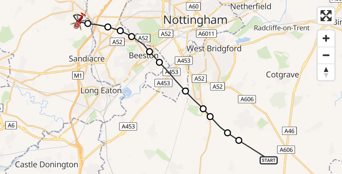 Flight path map showing Air Ambulance Helicopter route from Widmerpool to Ilkeston