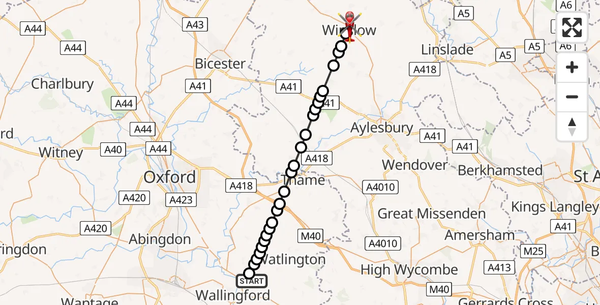 Flight path map showing Air Ambulance Helicopter route from RAF Benson to Winslow