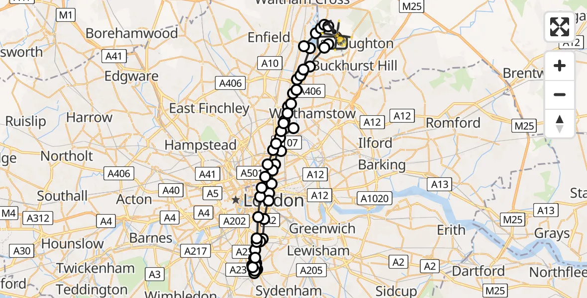 Flight path map showing Police Helicopter route from Sewardstonebury to Sewardstonebury