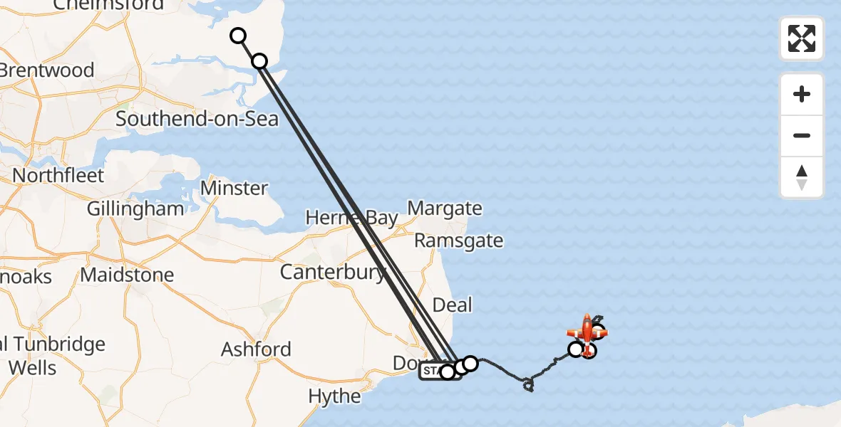 Flight path map showing Coastguard Drone route from English Channel to North Sea