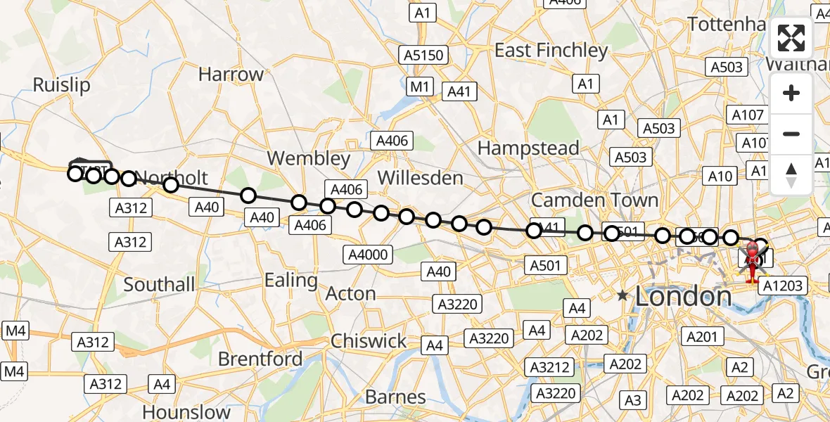 Flight path map showing Air Ambulance Helicopter route from RAF Northolt to Royal London Hospital