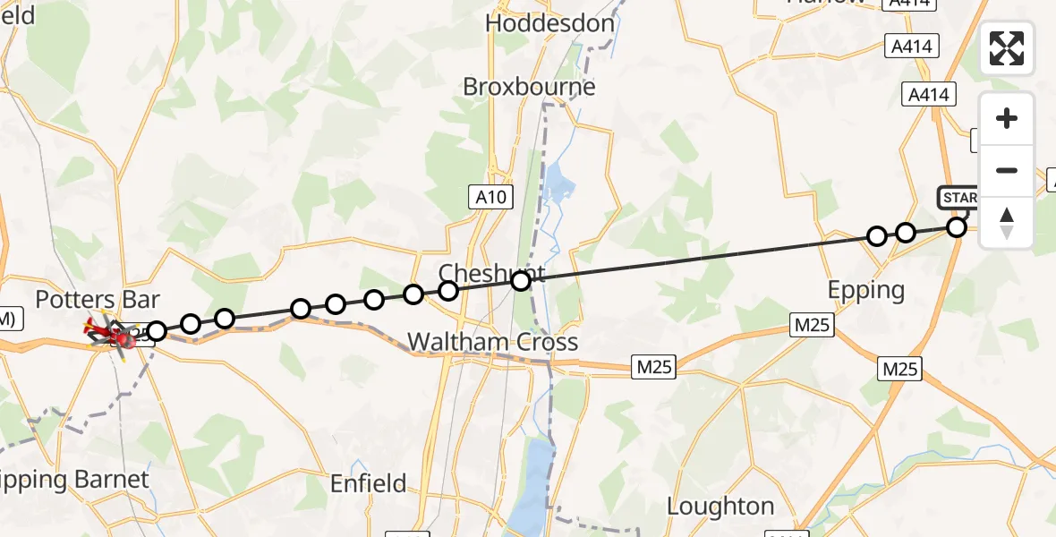 Flight path map showing Air Ambulance Helicopter route from North Weald Airfield to Potters Bar