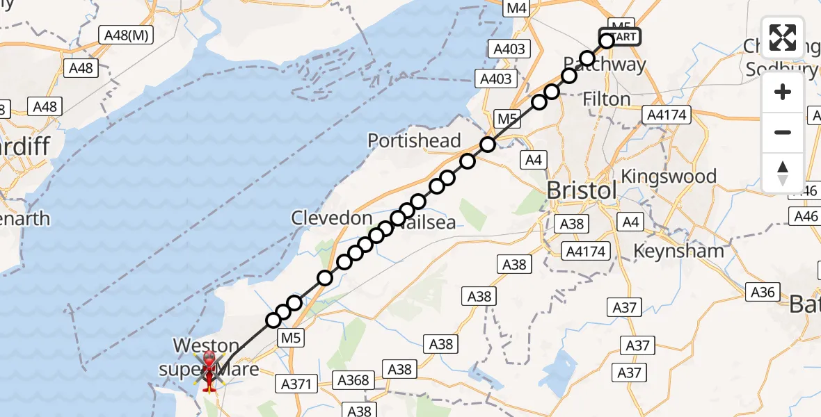 Flight path map showing Air Ambulance Helicopter route from Almondsbury Helicopter Base to Weston-super-Mare