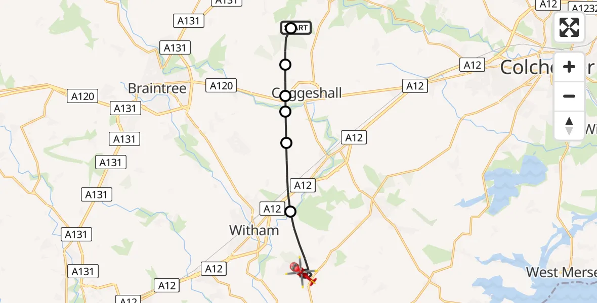 Flight path map showing Air Ambulance Helicopter route from Earls Colne Airfield to Maldon