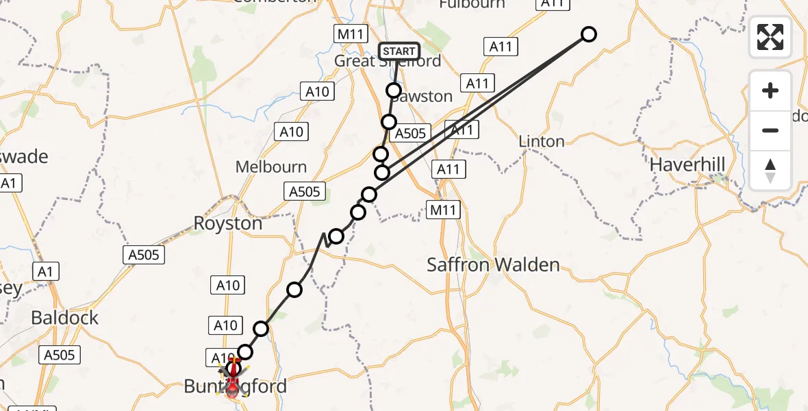Flight path map showing Air Ambulance Helicopter route from Great Shelford to Buntingford