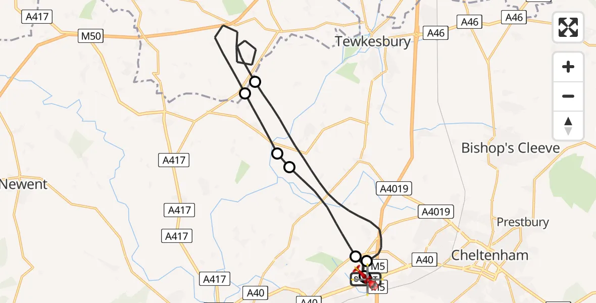 Flight path map showing Air Ambulance Helicopter route from Gloucestershire Airport to Tewkesbury