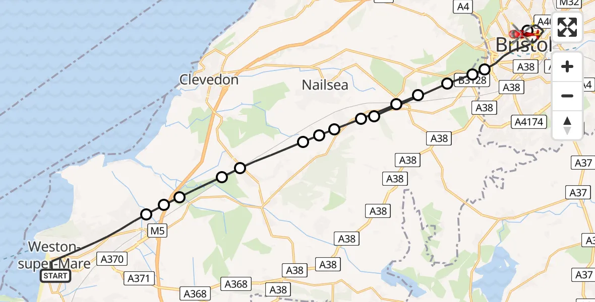 Flight path map showing Air Ambulance Helicopter route from Weston-super-Mare to Bristol Royal Infirmary