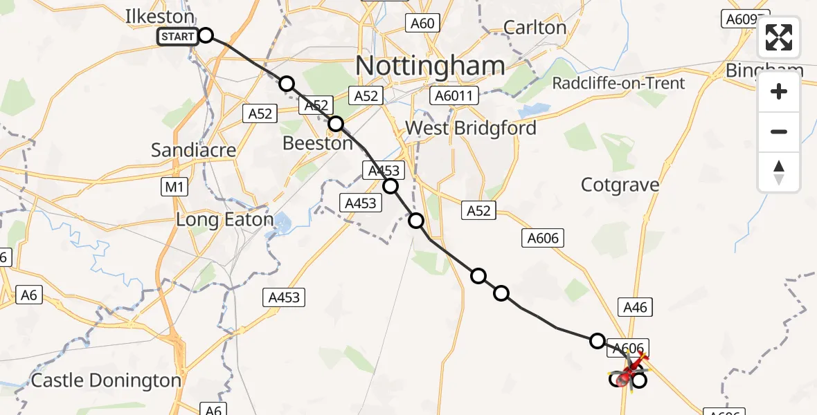 Flight path map showing Air Ambulance Helicopter route from Ilkeston to Rushcliffe