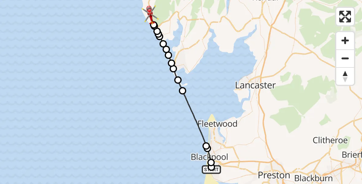 Flight path map showing Air Ambulance Helicopter route from Blackpool Airport to Whicham