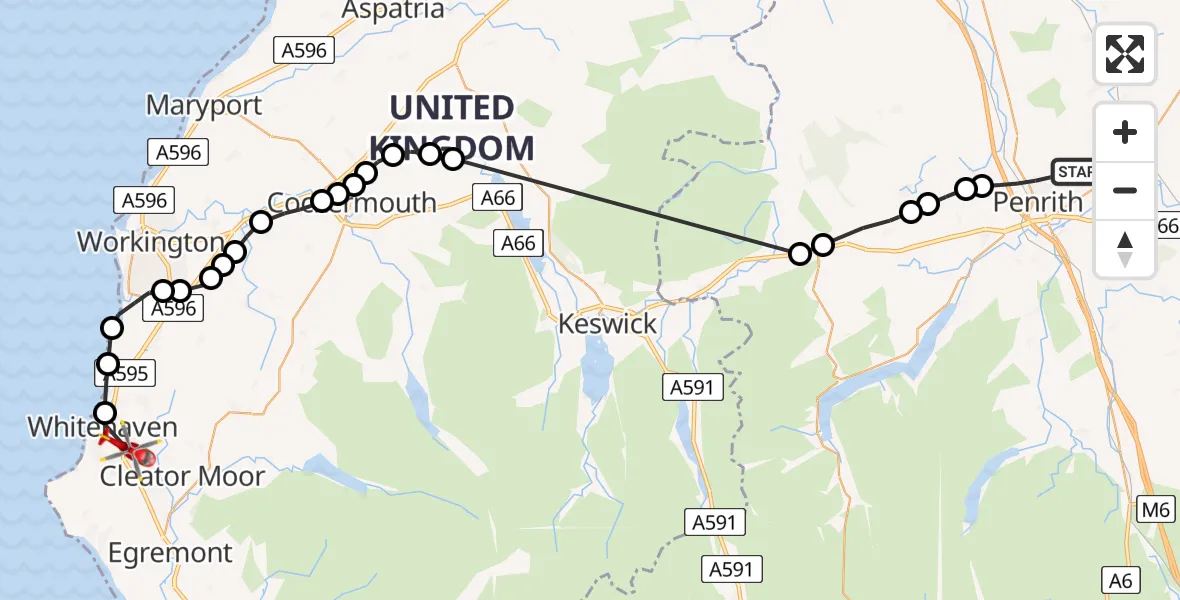 Flight route Air Ambulance Helicopter Penrith - Whitehaven, 02 May 2026, 09:32