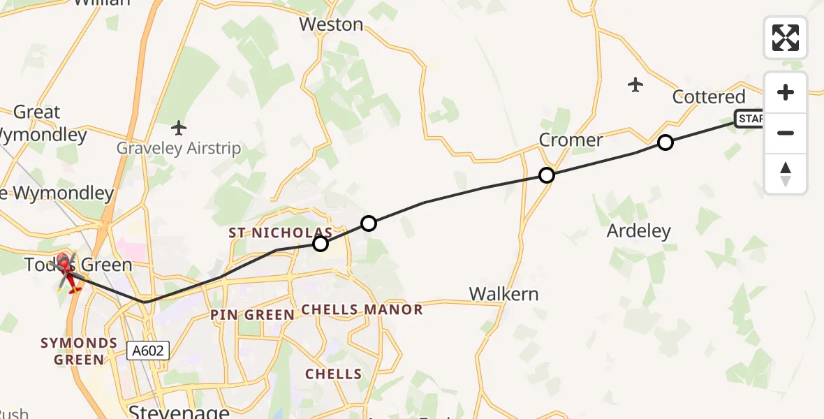 Flight path map showing Air Ambulance Helicopter route from Cottered to Stevenage