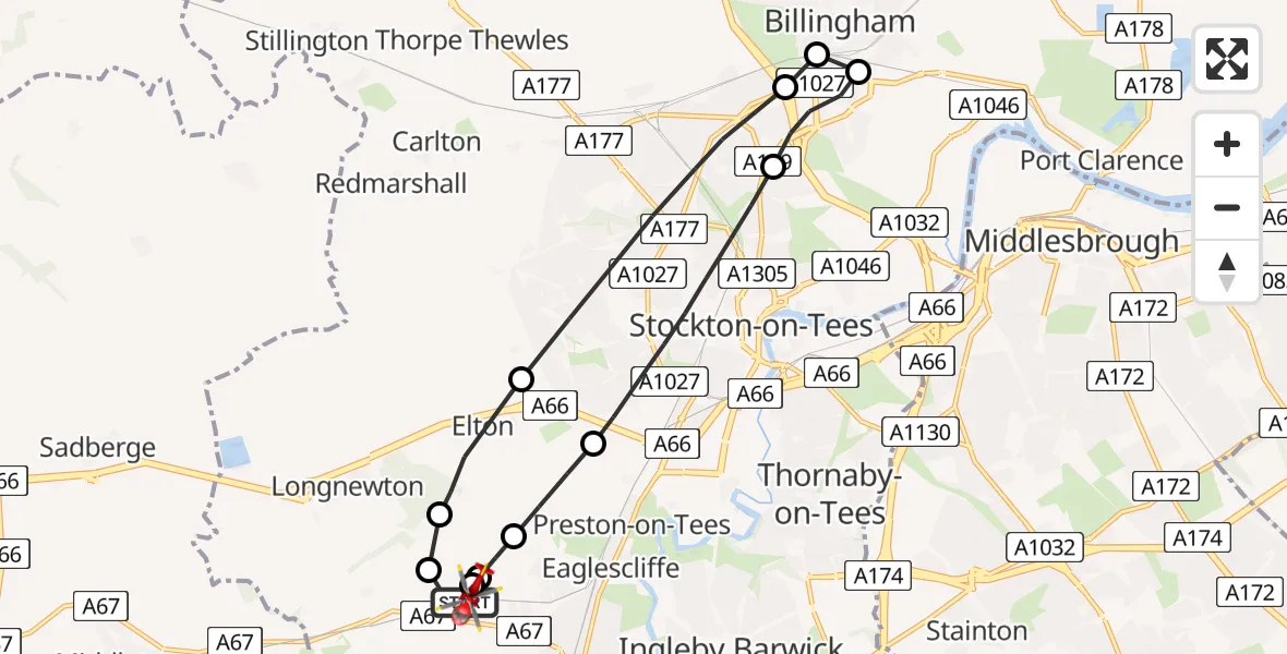 Flight path map showing Air Ambulance Helicopter route from Egglescliffe to Egglescliffe