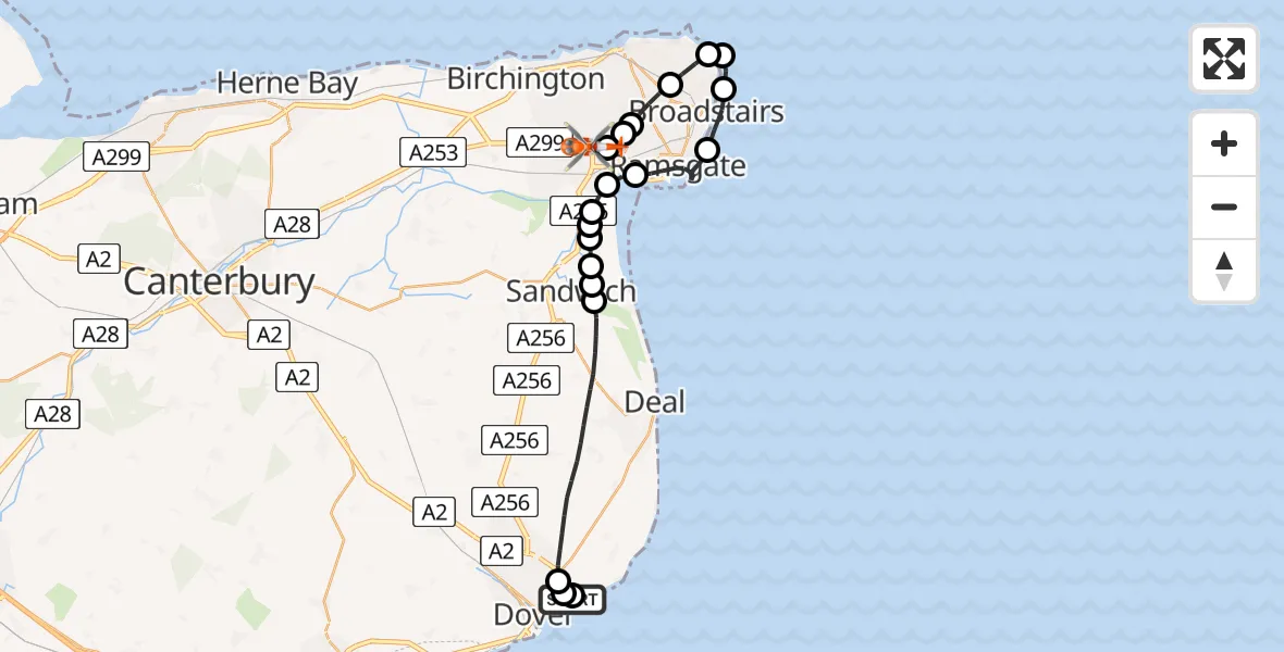Flight path map showing Coastguard Helicopter route from Langdon Battery Heliport to Manston Airport