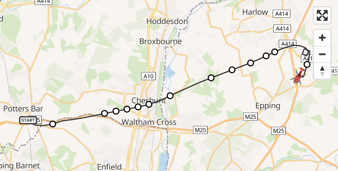Flight path map showing Air Ambulance Helicopter route from Potters Bar to North Weald Airfield