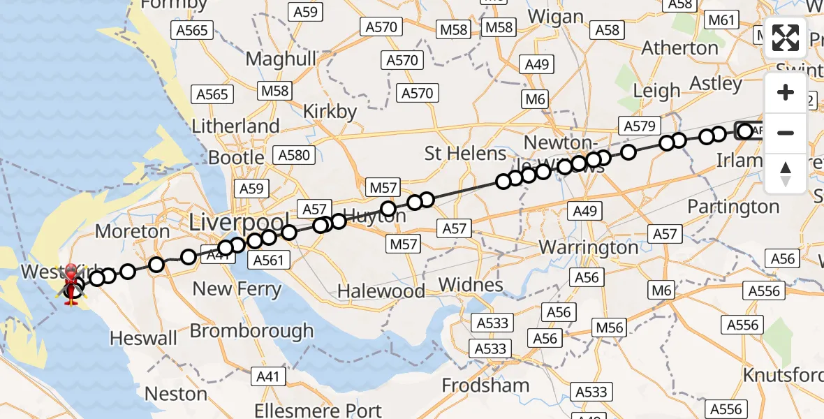 Flight path map showing Air Ambulance Helicopter route from Irlam to West Kirby