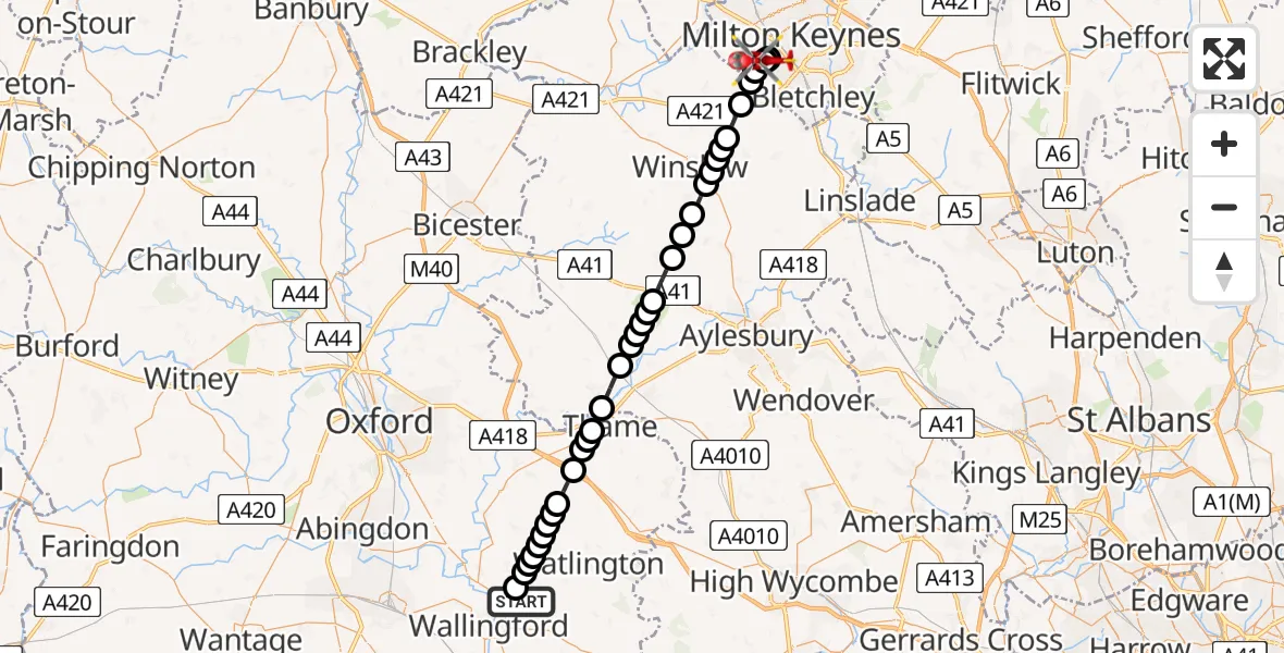 Flight path map showing Air Ambulance Helicopter route from RAF Benson to Shenley Wood