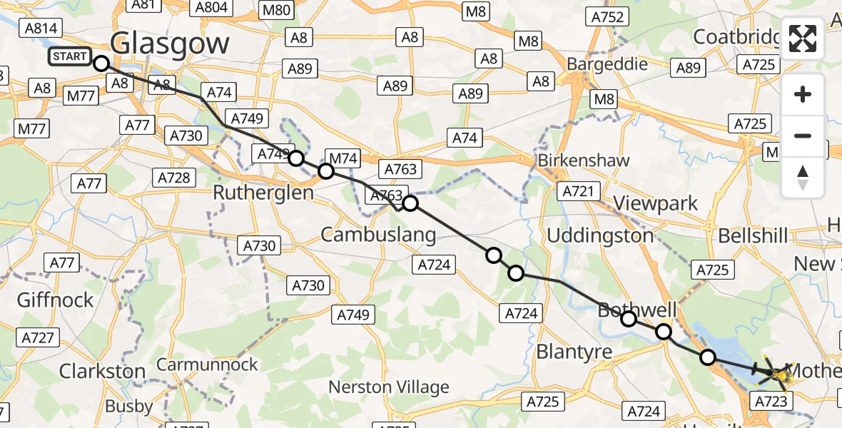Flight path map showing Police Helicopter route from Glasgow Seaplane Terminal to Motherwell
