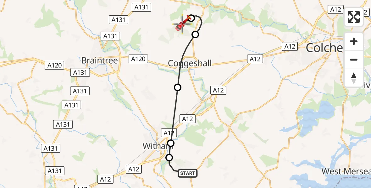 Flight path map showing Air Ambulance Helicopter route from Maldon to Earls Colne Airfield