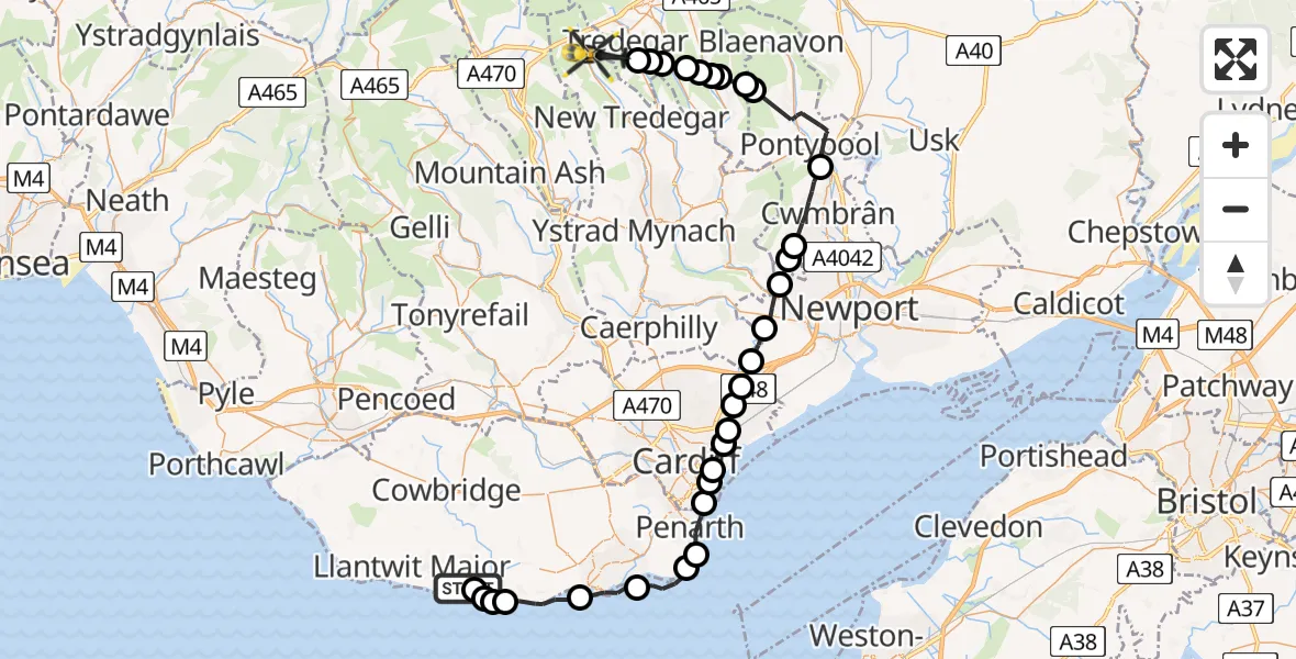 Flight path map showing Police Helicopter route from MOD St Athan to Tredegar