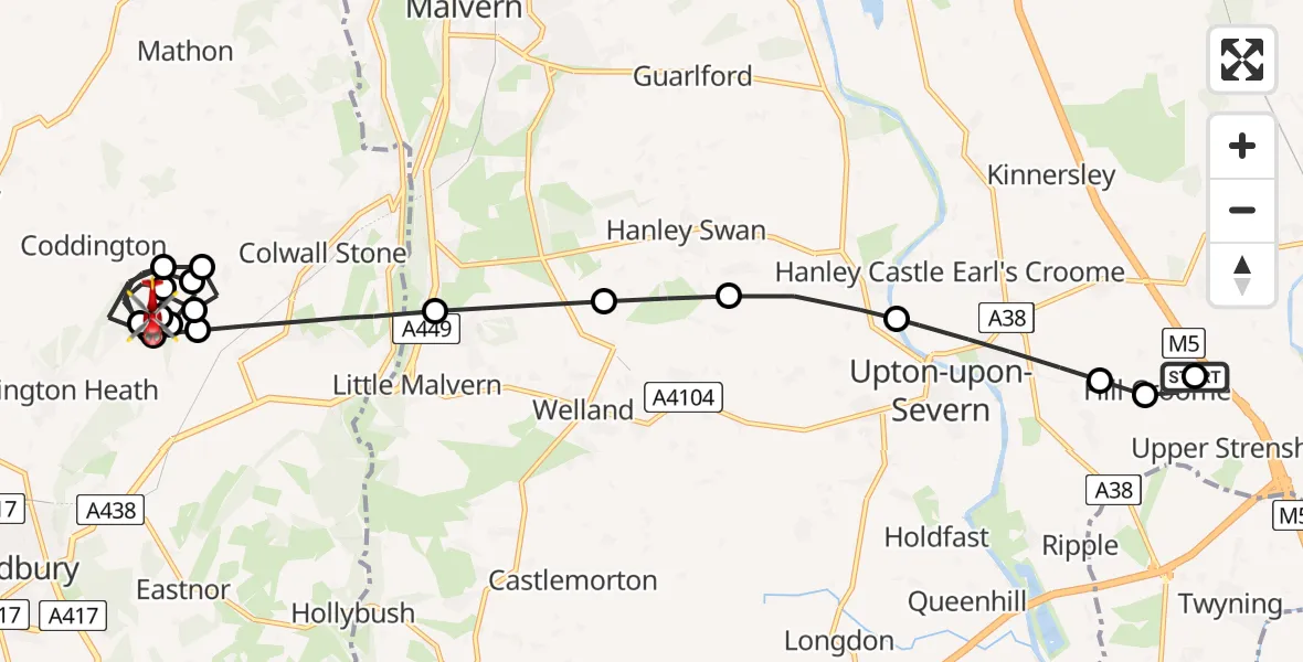 Flight path map showing Air Ambulance Helicopter route from Hill Croome to Coddington