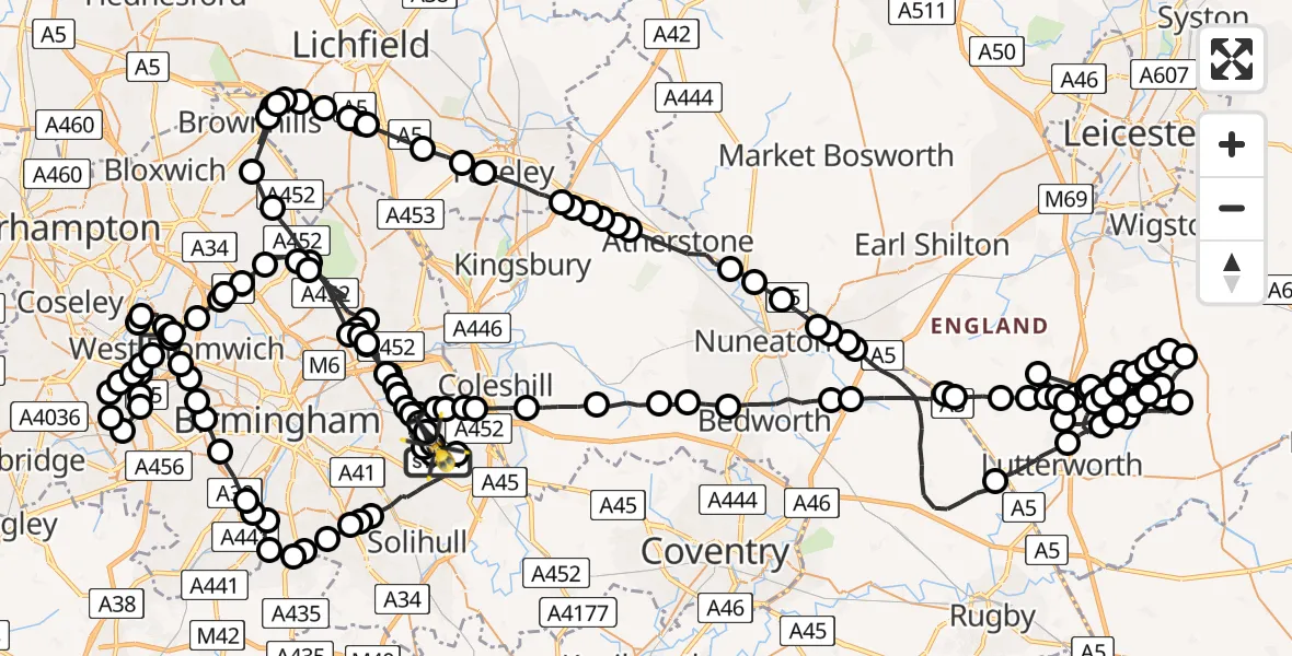 Flight path map showing Police Helicopter route from Birmingham Airport to Tile Cross