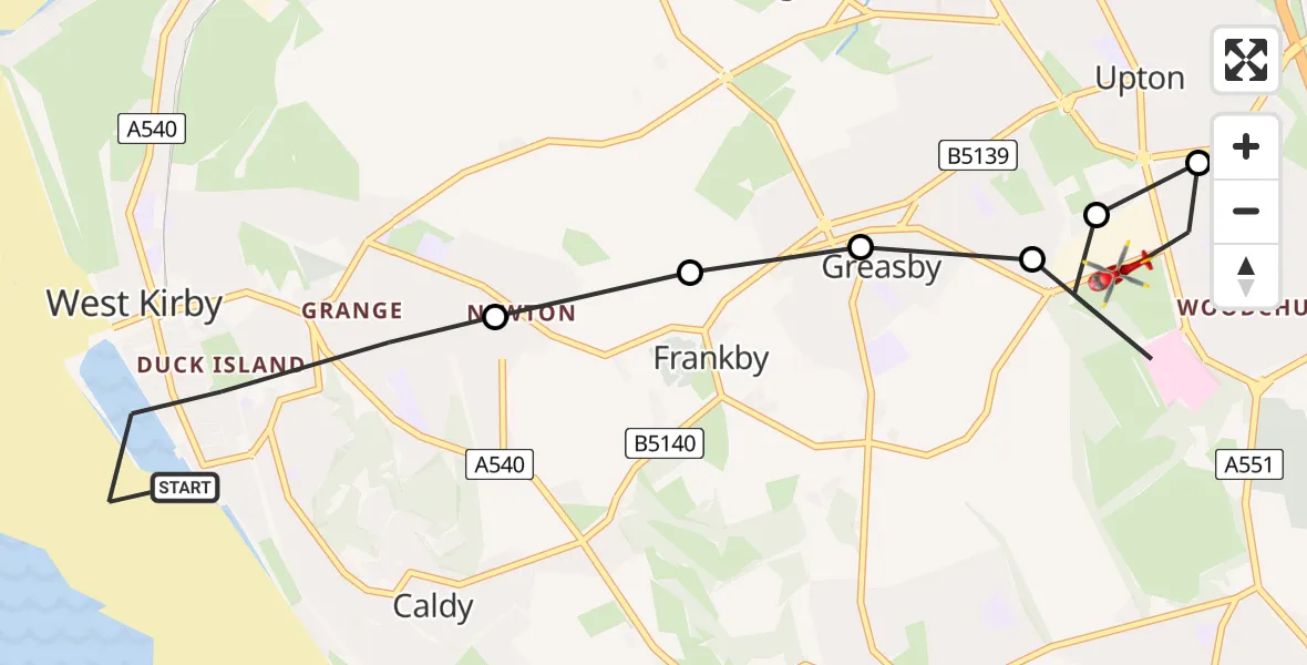 Flight path map showing Air Ambulance Helicopter route from West Kirby to Upton
