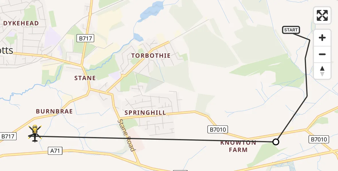 Flight path map showing Police Helicopter route from Knowton Farm to Shotts