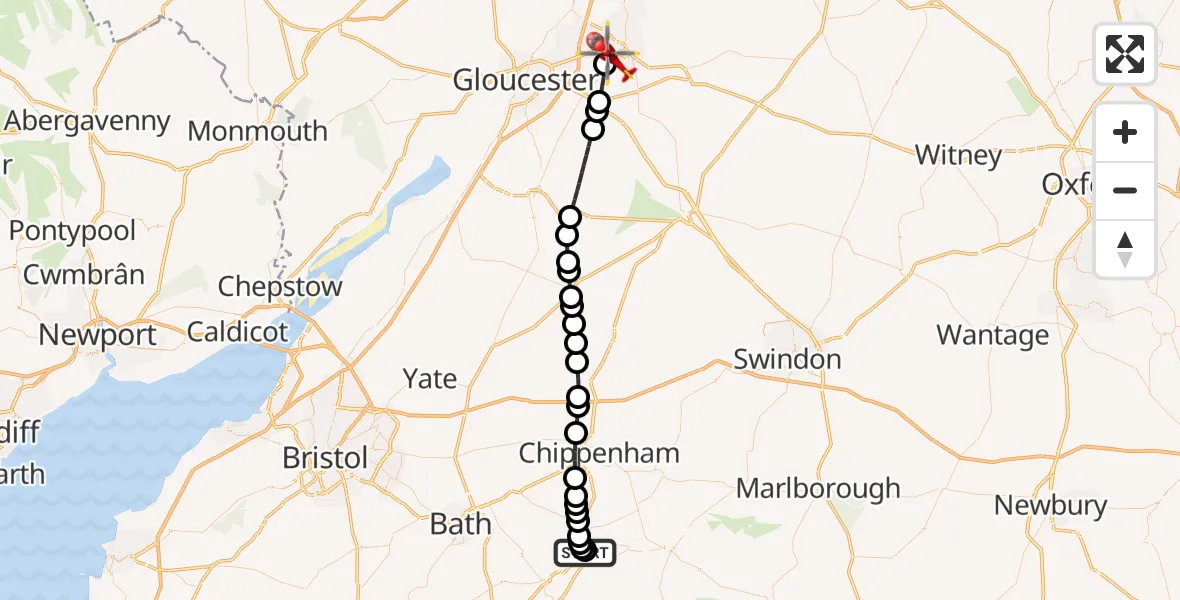 Flight path map showing Air Ambulance Helicopter route from Wiltshire Air Ambulance to Cheltenham