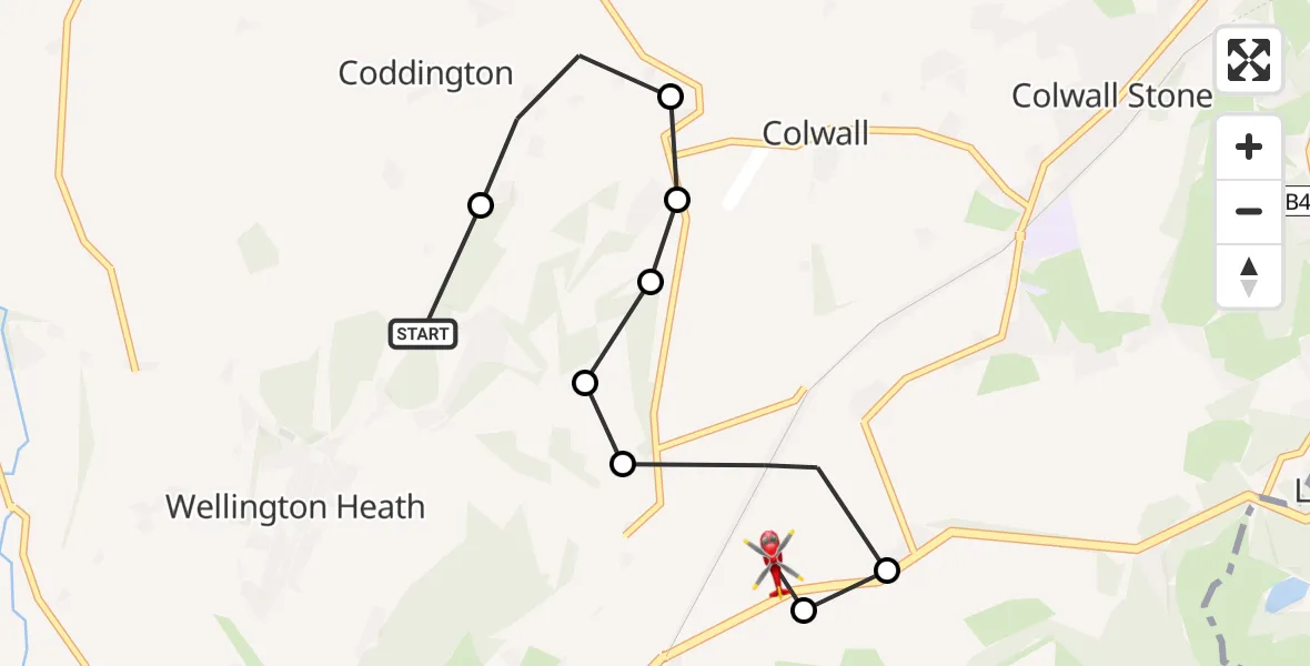 Flight path map showing Air Ambulance Helicopter route from Coddington to Colwall