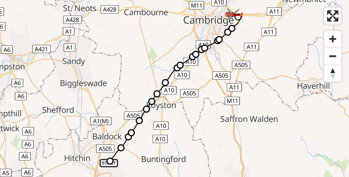 Flight path map showing Air Ambulance Helicopter route from Graveley to Fen Ditton